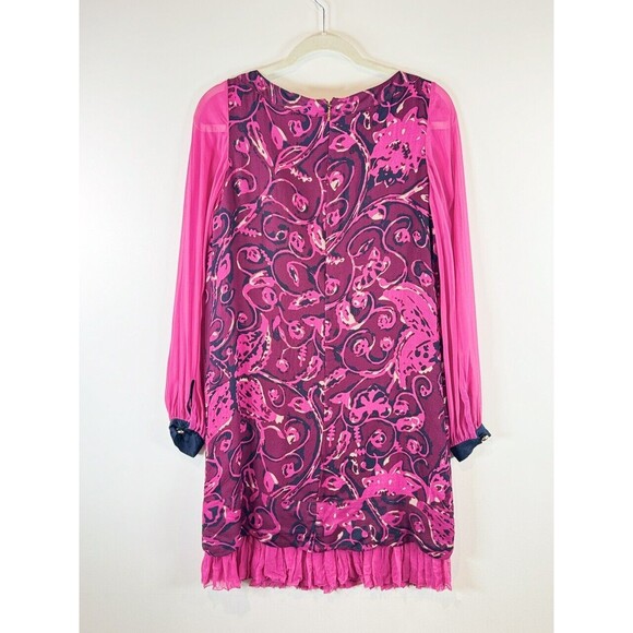 Tory Burch Dress Pink Floral Mini Sheath Wool Silk Long Sleeve Sheer Size 4 - Picture 7 of 14